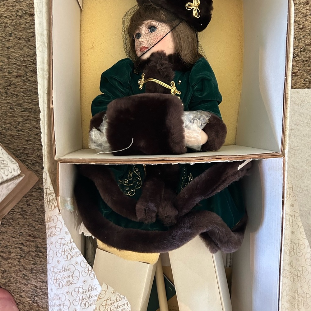 Franklin Heirloom Doll Catherine Rose Elegant Green and Brown Gown Porcelain